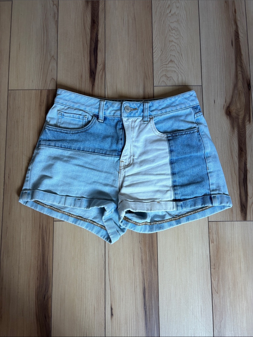 PacSun Two-Tone Patchwork Denim Shorts in Light and Medium Blue